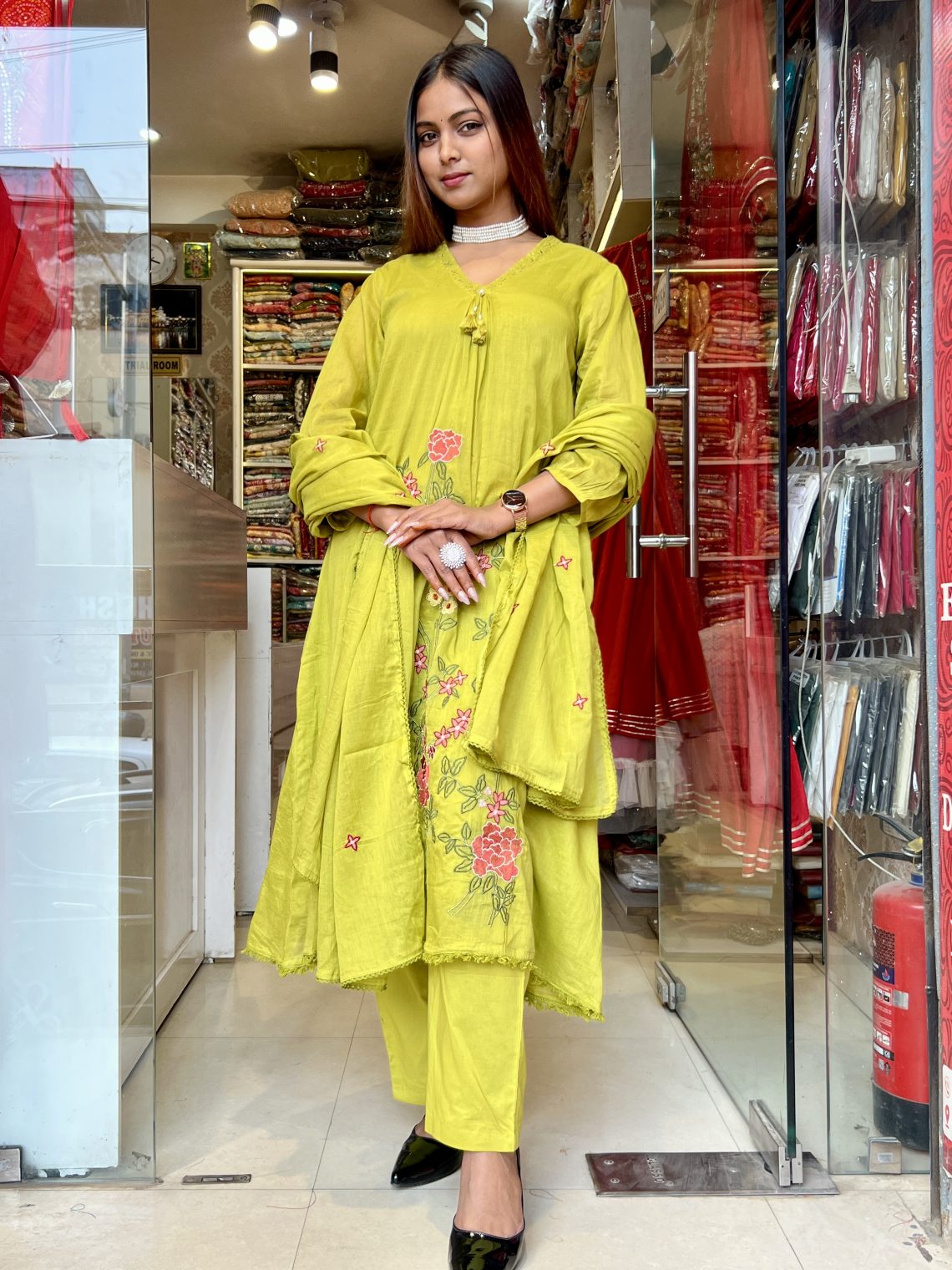 Fresh Lime Floral Threadwork Suit
